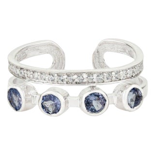 Open Cuff Double Band Ring With Tanzanite & Zircon for Her, Size 7.5 For Sale