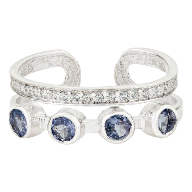 Open Cuff Double Band Ring With Tanzanite & Zircon for Her, Size 7.5 For Sale
