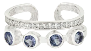 Open Cuff Double Band Ring With Tanzanite & Zircon for Her, Size 7.5