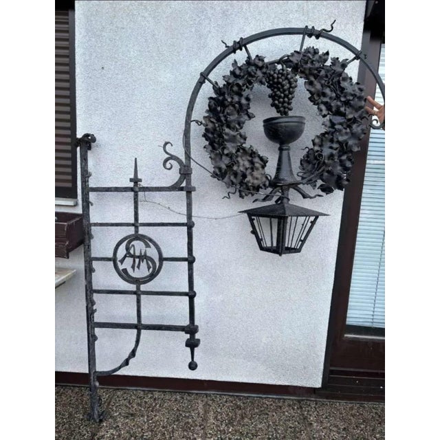 Large Cast-Iron Wall Lantern with Grapevine, Grapes and S AM Emblem, 1920s For Sale - Image 4 of 7