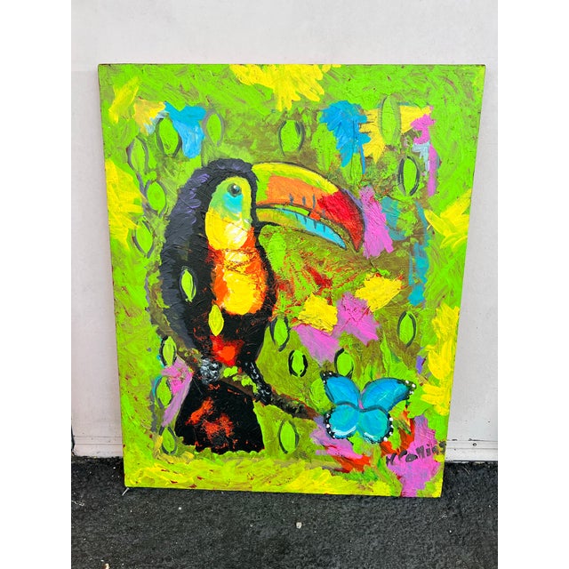 Mid 20th Century Vibrant Modern Toucan and Butterfly Oil Painting Signed For Sale - Image 5 of 8
