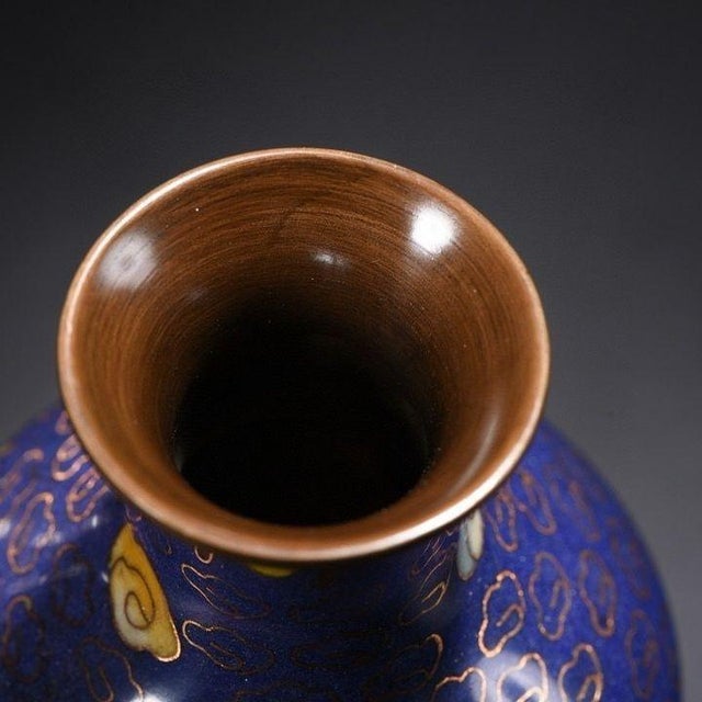 Metal Pair of Vintage Chinese Blue Cloisonné "Crane & Clouds" Vases - 1365g For Sale - Image 7 of 9