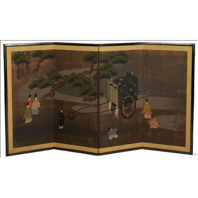 Japanese Painted Screen, Landscape W/ Rikshaw & Figures For Sale - Image 6 of 11