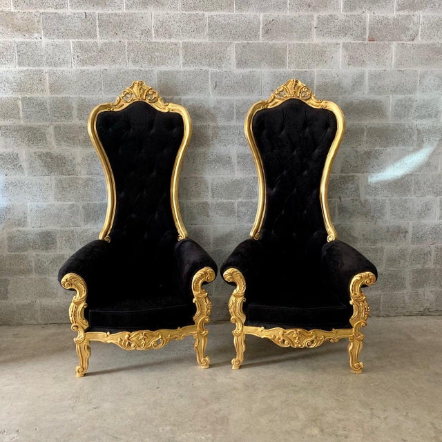 New Custom Made Black Velvet Baroque Style Tufted Throne Chairs a Pair