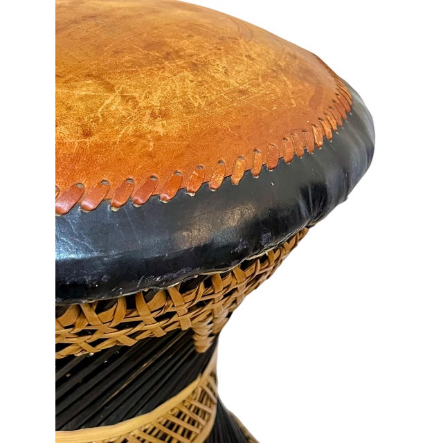 Pair of Mid-Century Anglo-Indian Leather & Rattan Drum Stools For Sale - Image 11 of 17