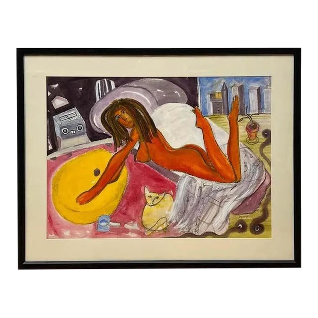 "Woman and Her Cat" Mixed Media Artwork by Rupert Picott For Sale