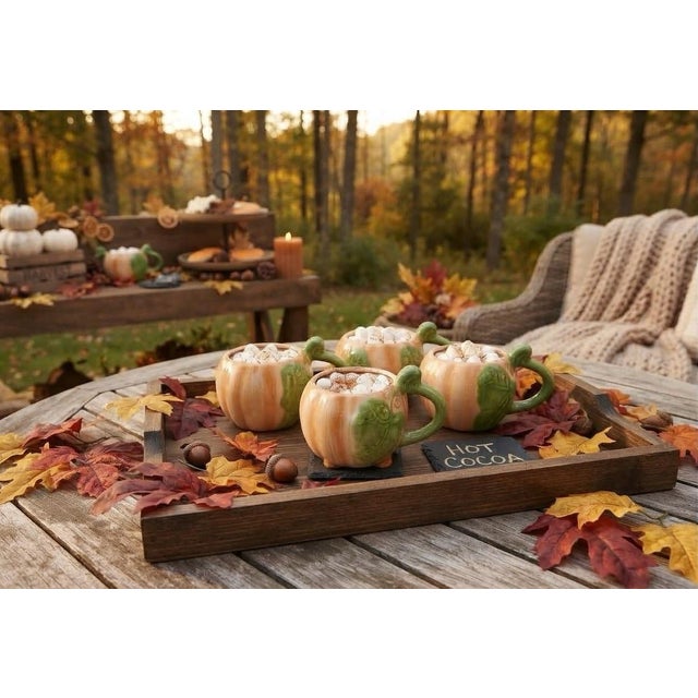 Farmhouse Set of 7 Hand-Painted Ceramic Pumpkin Mugs / Cups for Fall Tableware Thanksgiving or Halloween - See Pictures for Inspiration! For Sale - Image 3 of 8