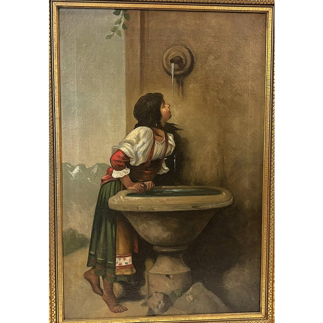Beaux-Arts Early 20th Century Framed Original Oil Painting on Canvas 'Roman Girl at the Well' Inspired by Léon Bonnat (France 1833-1922) For Sale - Image 3 of 18