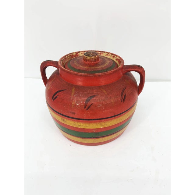1930s 1930's Multicolor 2 Handle Covered Pottery Pot Jar For Sale - Image 5 of 12