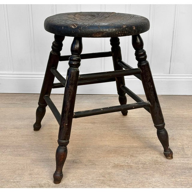 Farmhouse Antique Primitive Farmhouse Black Wood Round Milking Stool For Sale - Image 3 of 9