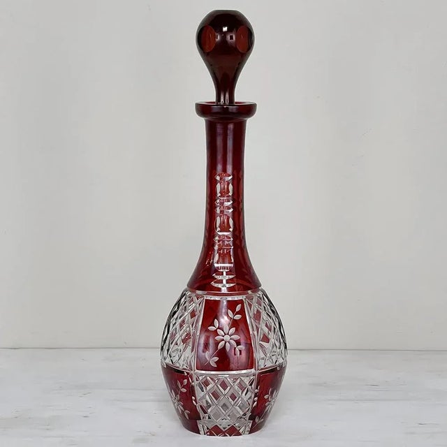 Antique Cranberry Glass Hand-Cut Crystal Decanter For Sale - Image 13 of 13