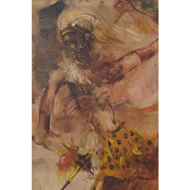 African Dancing Warrior with Cockerel, Mid-20th Century, Oil on Canvas For Sale - Image 4 of 13