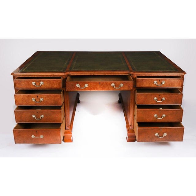 Antique Victorian Burr Walnut Partners Pedestal Desk, 1900s For Sale - Image 3 of 18