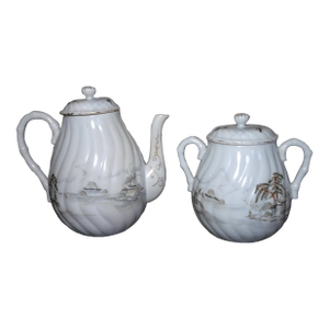 Circa 1920 Japanese Kutani Porcelain Hand Painted Village Motifs Bamboo Handled Teapot and Lidded Sugar Bowl Set (Taisho Period)