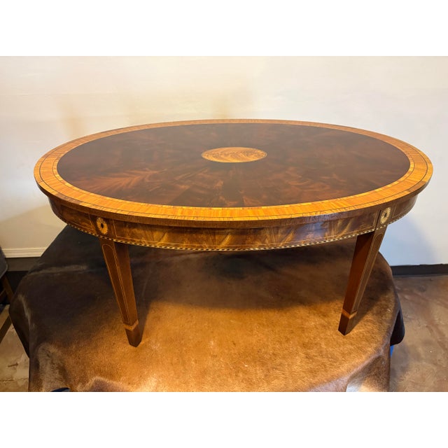 Wood Stickley Traditional Oval Hepplewhite Coffee Table With Intricate Inlay, Mahogany and Various Other Exotic Woods For Sale - Image 7 of 8