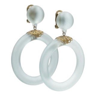 Vintage Frosted Resin Hoop Clip-on Earrings with Gold-Tone Filigree by Christian Dior, 1980s, Set of 2 For Sale