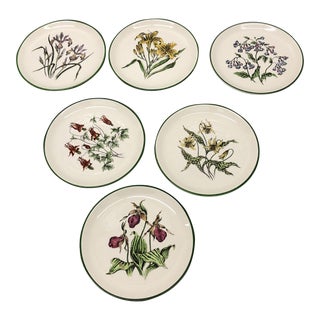 Floral Hand-Colored Round Dessert Plates - Set of 5 For Sale