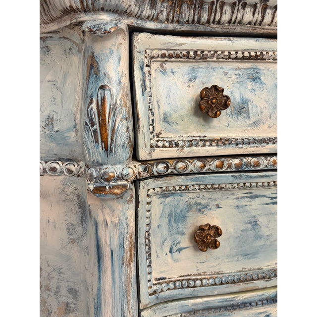 Vintage Distressed Blue Dresser | Hand-Painted 3-Drawer Chest | Shabby Chic French Country | Carved Details | Maison Martine | One of a Kind For Sale - Image 10 of 12