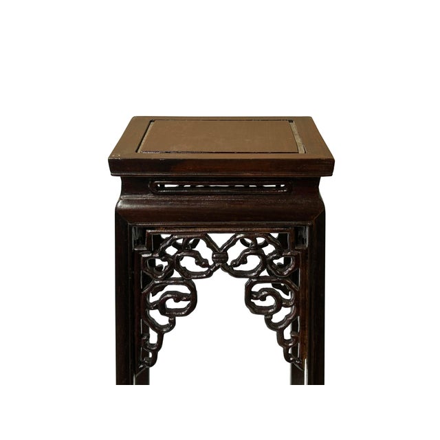 2000 - 2009 3.5" Dark Brown Scroll Pattern Square Tall Slim Wood Display Stand Riser For Sale - Image 5 of 6