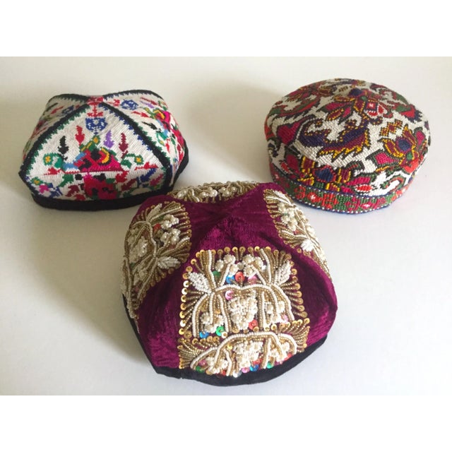 Vintage Uzbek Afghani Turkmen Hand Embroidered Tribal Hats Collection - 3pc For Sale - Image 10 of 10