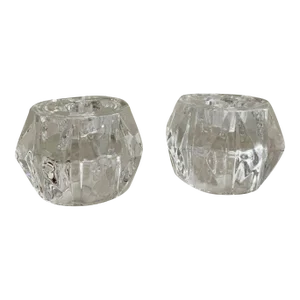 Mid-Century Modern Clear Glass Faceted Flip Taper and Tea Light Candle Holders - Set of 2