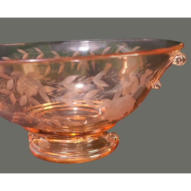 Vintage Deco Depression Glass Imperial Pink Cut Floral Oval Footed Center Bowl For Sale - Image 4 of 9