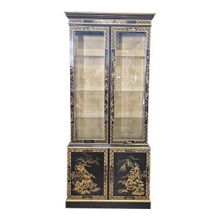 Late 20th Century Drexel Heritage Black Lacquer Et Cetera Chinoiserie China Cabinet Bookcase For Sale