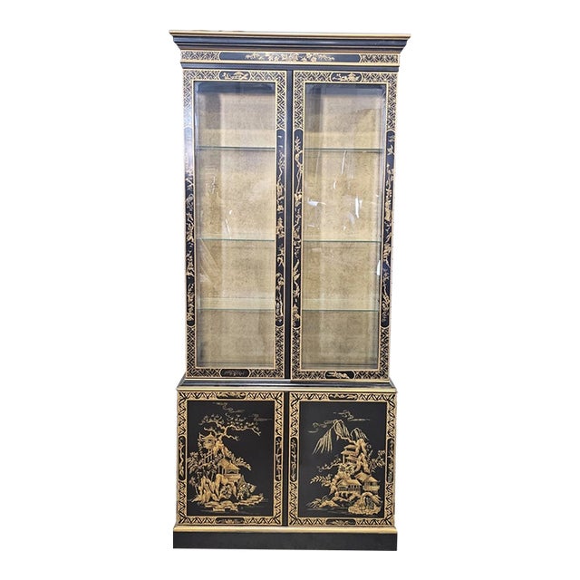 Late 20th Century Drexel Heritage Black Lacquer Et Cetera Chinoiserie China Cabinet Bookcase For Sale