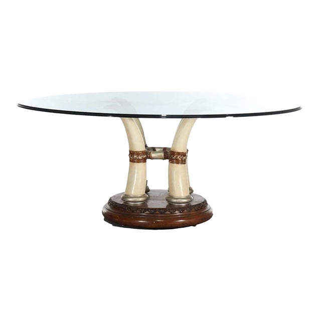 Exotic Vintage Carved Faux Elephant Tusk Glass Top Dining Table 20thC For Sale