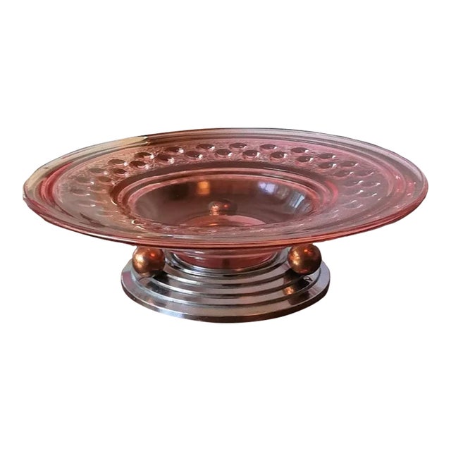 1930s Art Déco Fruit Bowl with Metal base and pink glass plate For Sale