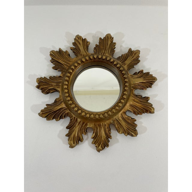 Vintage 1960s Petite 8.5" Acanthus Leaf Sunburst Wall Mirror For Sale - Image 4 of 16