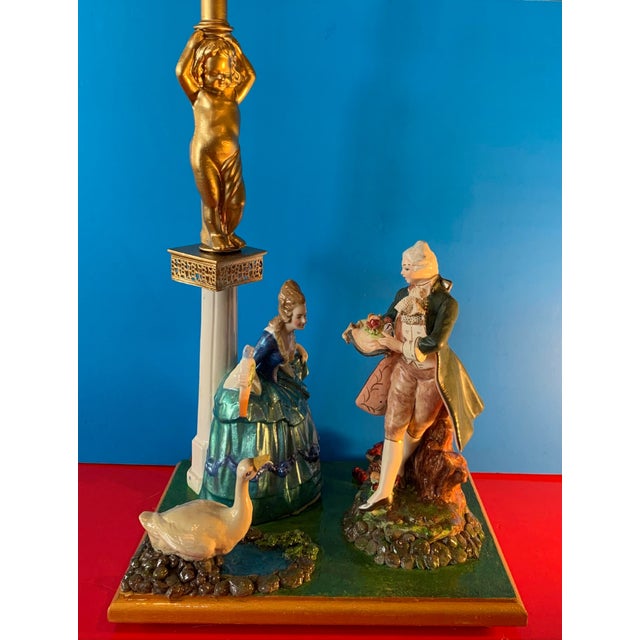 Early 20th Century Vintage Figural Porcelain Table Lamp: Courting Couple in a Garden For Sale - Image 5 of 12