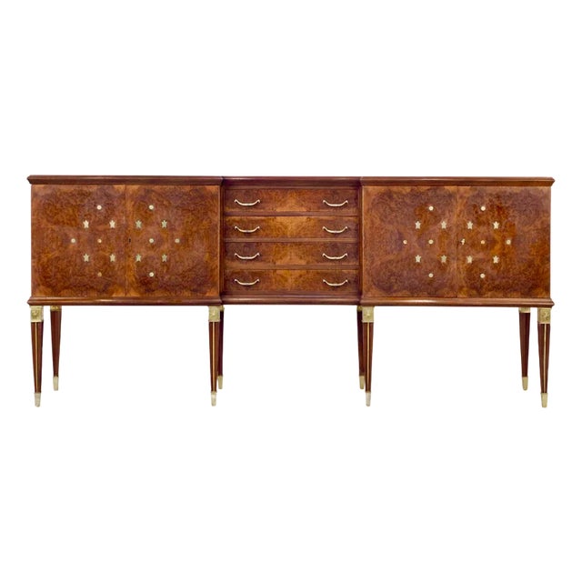 Italian Art Deco Sideboard in Dark Walnut Burl and Brass, 1930s For Sale
