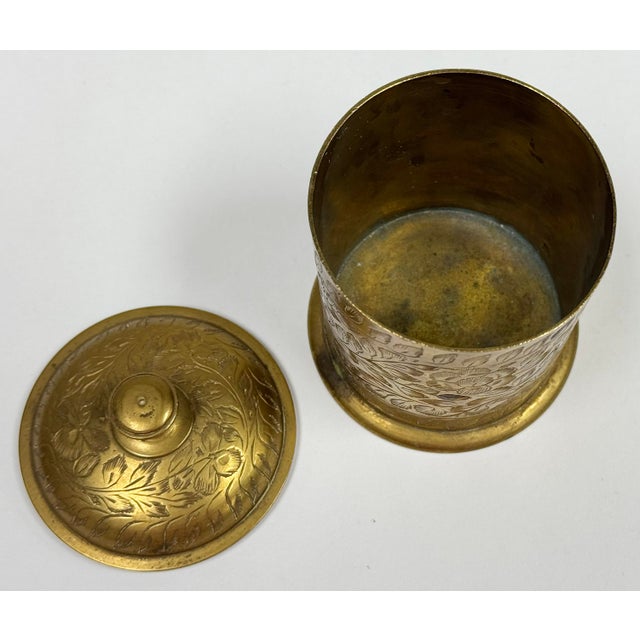 Metal Vintage Brass Indian Etched Floral Lidded Jar For Sale - Image 7 of 7