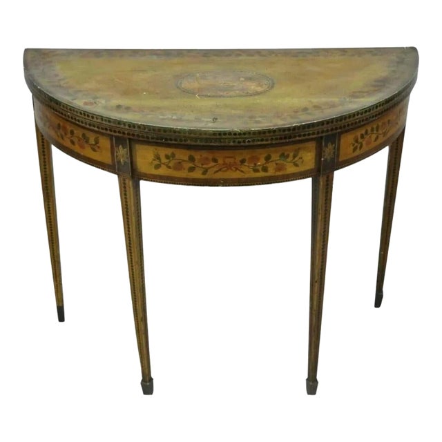 19th C. English Edwardian Polychrome Adams Painted Demilune Console Game Table For Sale