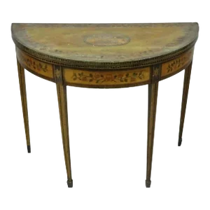 19th C. English Edwardian Polychrome Adams Painted Demilune Console Game Table