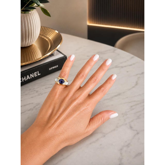 Vintage Mauboussin Paris 18k Yellow Gold Iolite & Mother-of-Pearl Dome Ring, Size 5 For Sale - Image 11 of 11