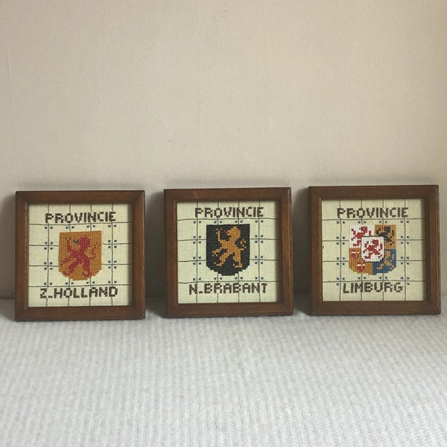 A rare set of vintage needlepoint textile artworks featuring coat of arms for the Dutch provinces of Limburg, Noord-...