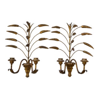 Pair of Vintage Gold Gilt Wood and Metal Wheat Candle Sconces For Sale