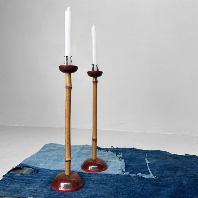 1920s Japanese Candlesticks in Lacquer and Bamboo, 1920s, Set of 2 For Sale - Image 5 of 14