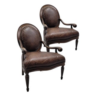 Pair of French Neoclassical Louis XVI Style Alligator-Embossed Leather Armchairs For Sale