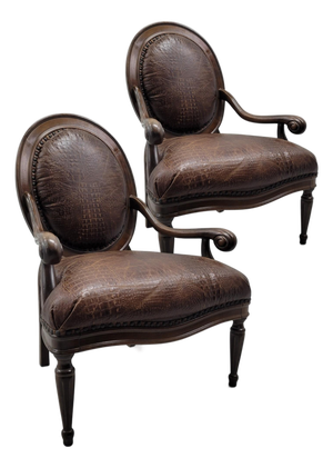 Pair of French Neoclassical Louis XVI Style Alligator-Embossed Leather Armchairs