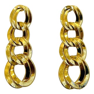 Vintage Monet Gold-Tone Chain Link Drop Earrings | Signed 1980s Statement Dangle Costume Jewelry, A Pair For Sale