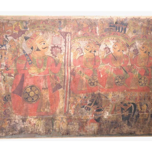 Antique Oriental and Large Painting on Canvas Mounted on Wood For Sale - Image 4 of 10