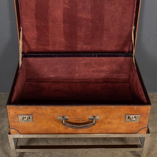 Metal English Leather Trunk on Metal Stand, 1910s For Sale - Image 7 of 18