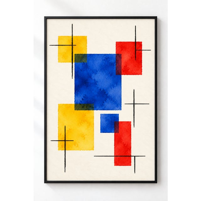 A bold blue rectangle anchors this midcentury modern abstract art print, with overlapping red and yellow geometric forms...