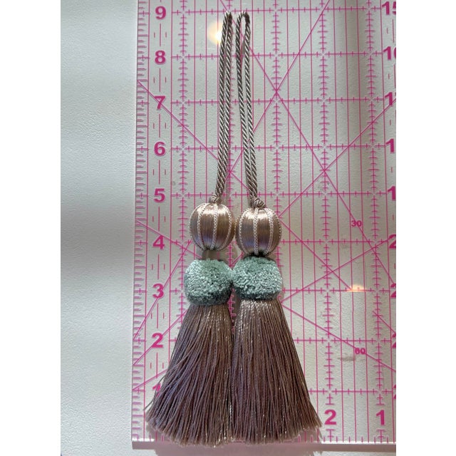 Aqua and Taupe Satin Beaded Key Tassel With Cut Velvet Detail For Sale In New York - Image 6 of 17