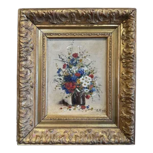 19th Century French Still Life Floral Painting in Carved Gilt Frame Signed Mary