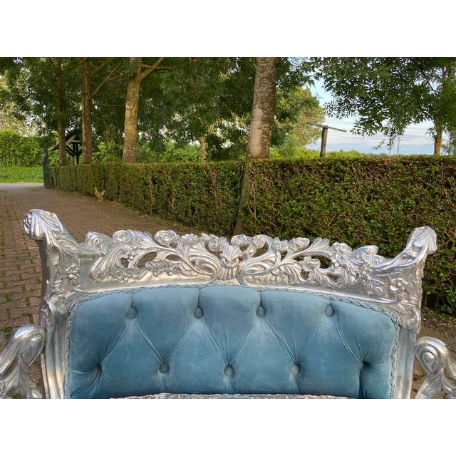 1970s French Louis XVI Blue Silver Beech Settee 1 Pc For Sale - Image 14 of 15