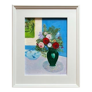 Still Life Oil Painting, Flowers in a Green Vase by Satori Gregorakis For Sale